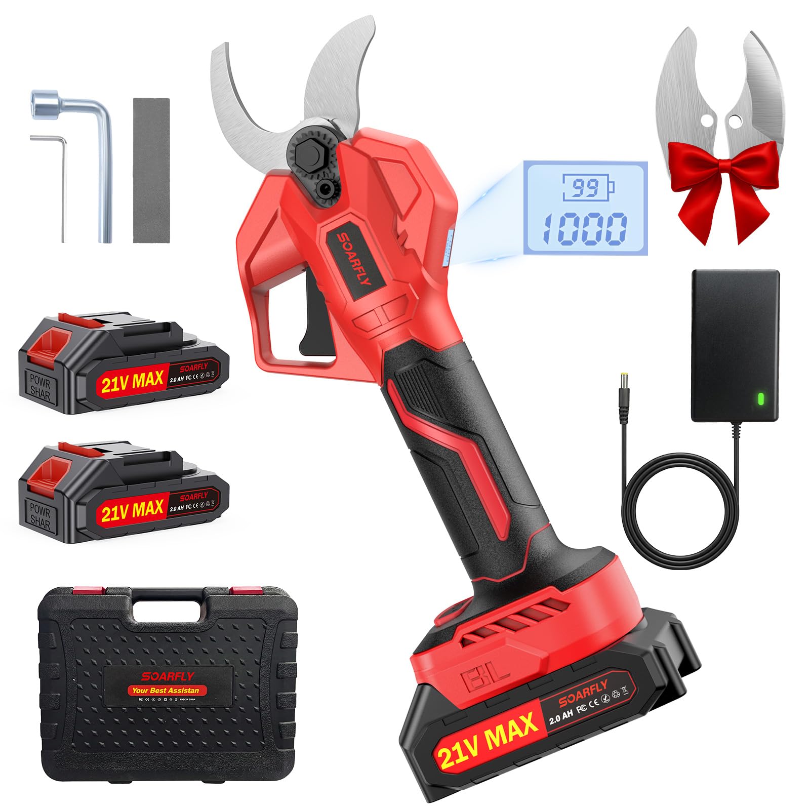 SOARFLY Akku Astschere 50mm, Elektrische Gartenschere mit 2 Akkus, Leistungsstarke Astschere Akku für Obstbäume Garten und Sträucher, Kabellose Gartenschere mit SK7 Klinge und Sicherheitsfunktion, Rot