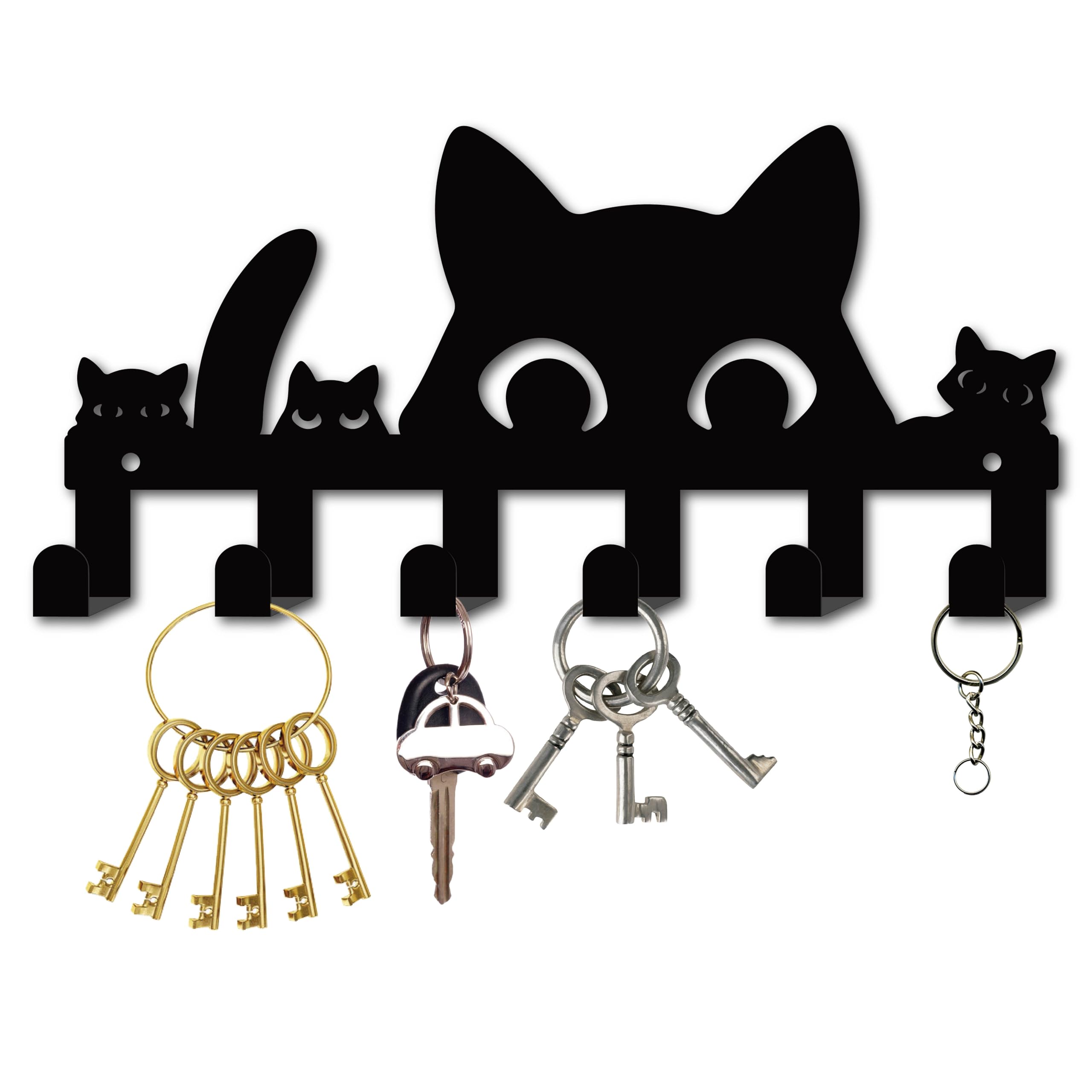 CREATCABIN Black Cat Key Holder for Wall Mounted Key Hook Metal Key Hanger Holder with 6 Hooks Metal Key Hanging Organizer Rack Wall Decor Hook for Entryway Front Door Hallway Office 10.6x5Inch