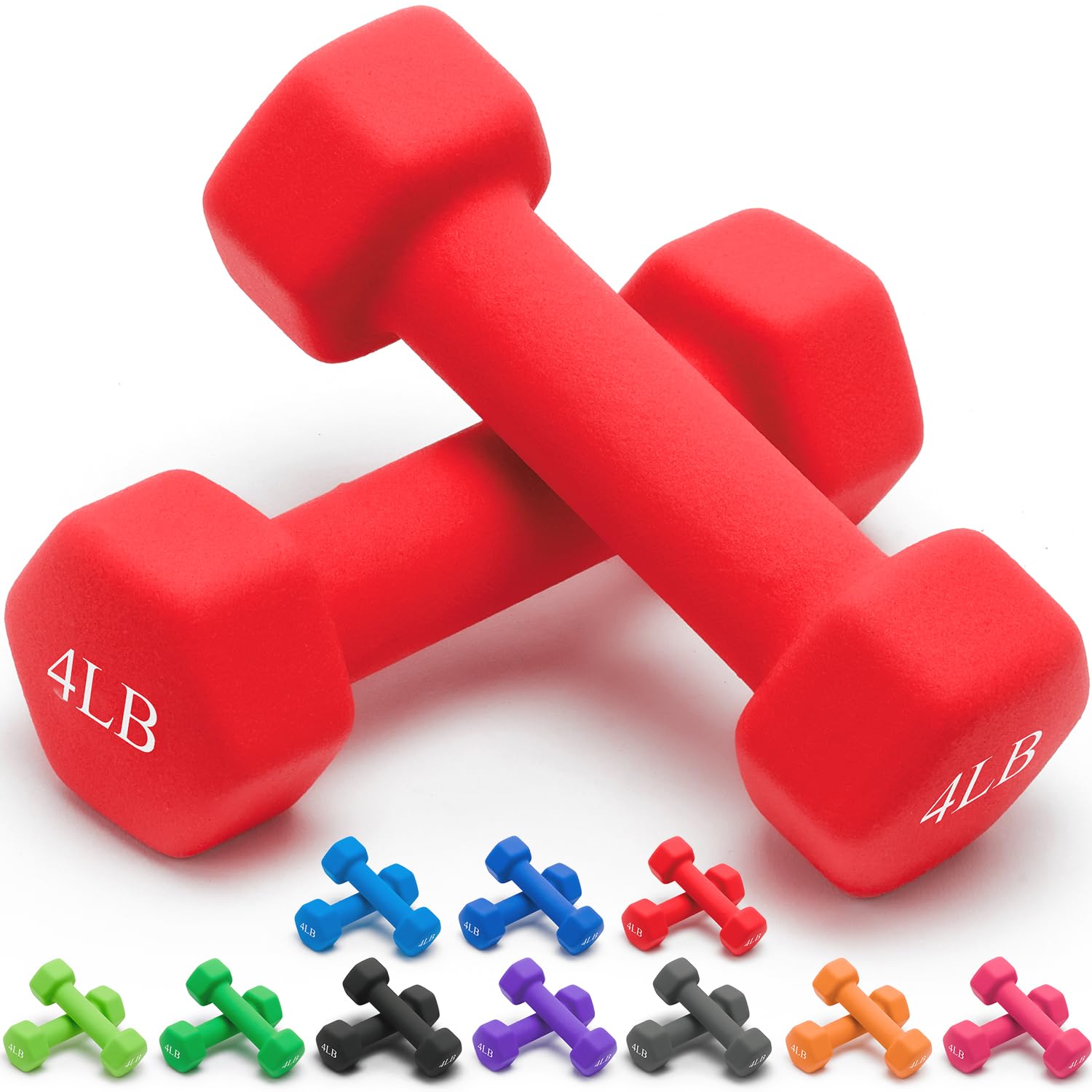 Portzon 10 Colors Options Compatible with Set of 2 Neoprene Dumbbell, 4LB each, Anti-Slip, Anti-roll, Hex Shape, RED