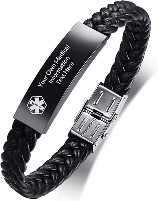 PJ JEWELLERY Schwarzes Edelstahl geflochtenes Leder Medical Alert