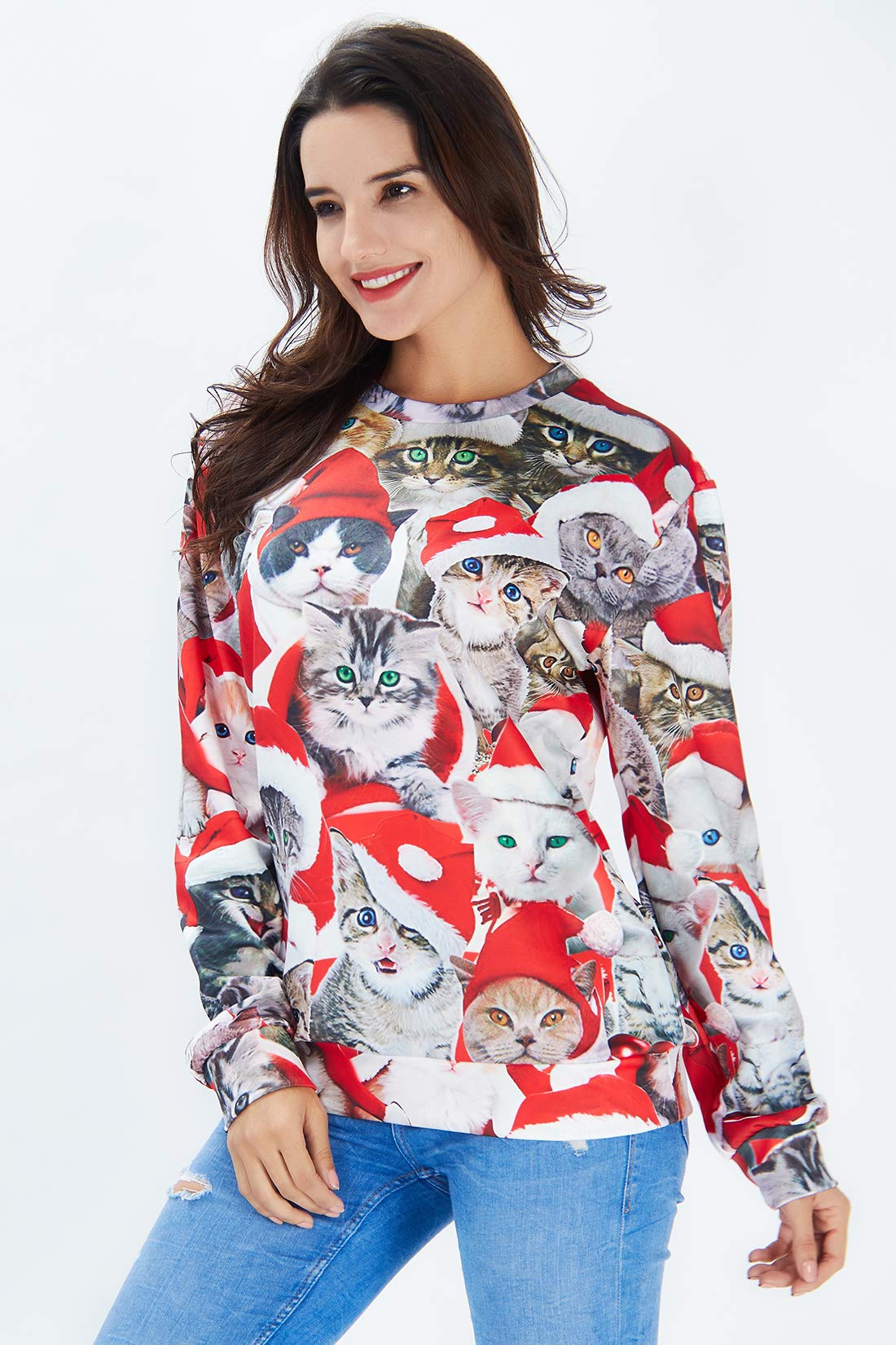 TUONROAD Couples Matching Ugly Christmas Sweater Crazy Novelty Cats Graphic Printed Tacky Sweatshirt Crew Neck Long Sleeve Pullover Jumper Top for Adults Youth