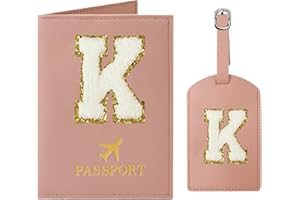 JOYRNALK Passport Holder for Travel Women Initial Passport Cover Passport Wallet Passport Case Travel Essentials Leather Passport Holder and Luggage Tags Set With Chenille Letter Patch for Travel Family Pink K