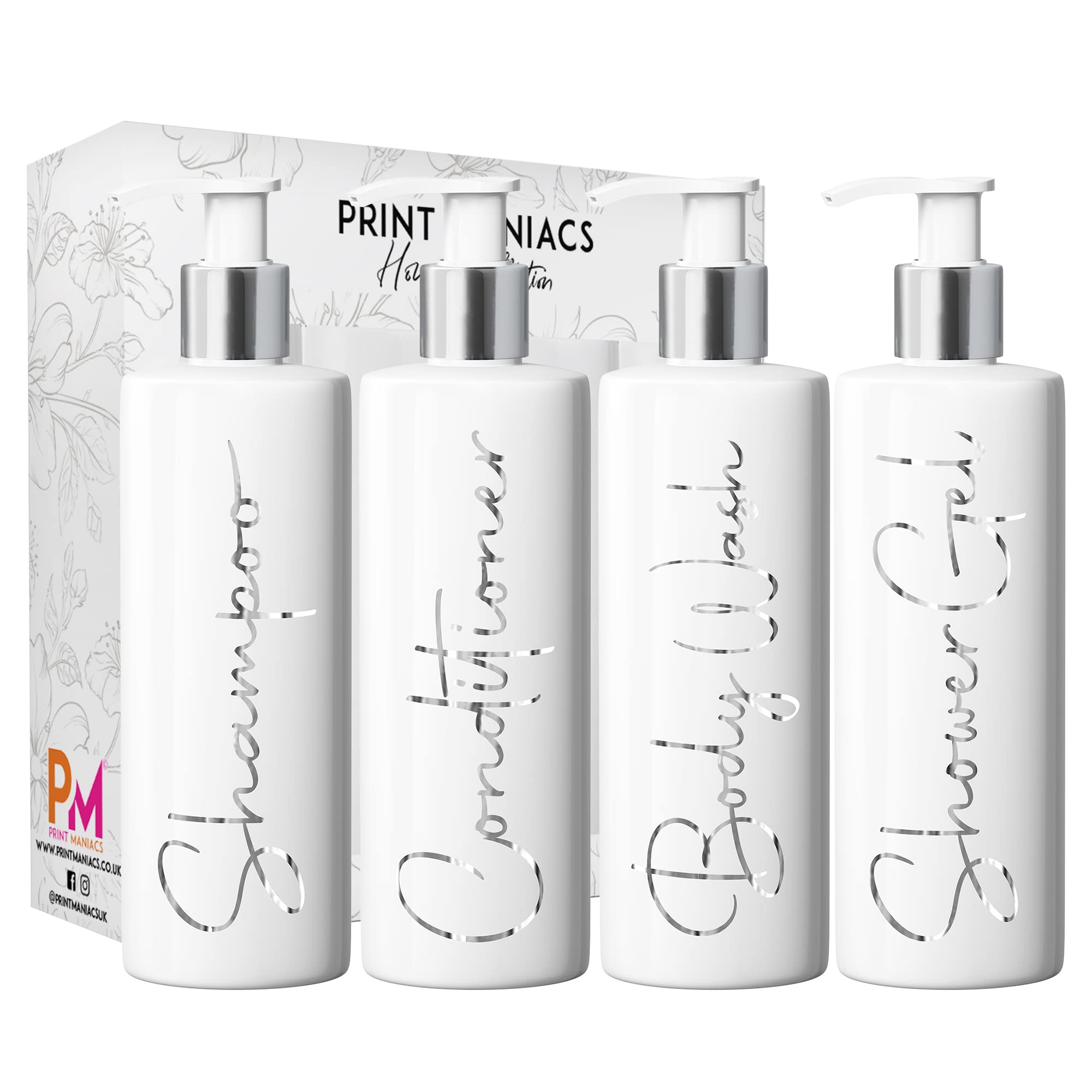Print Maniacs White Mrs Hinch Inspired Personalised 500ml Pump Bottles Bathroom Lotion Kitchen Set Shampoo Conditioner ( Shower Gel Set, F2 ) (Silver)