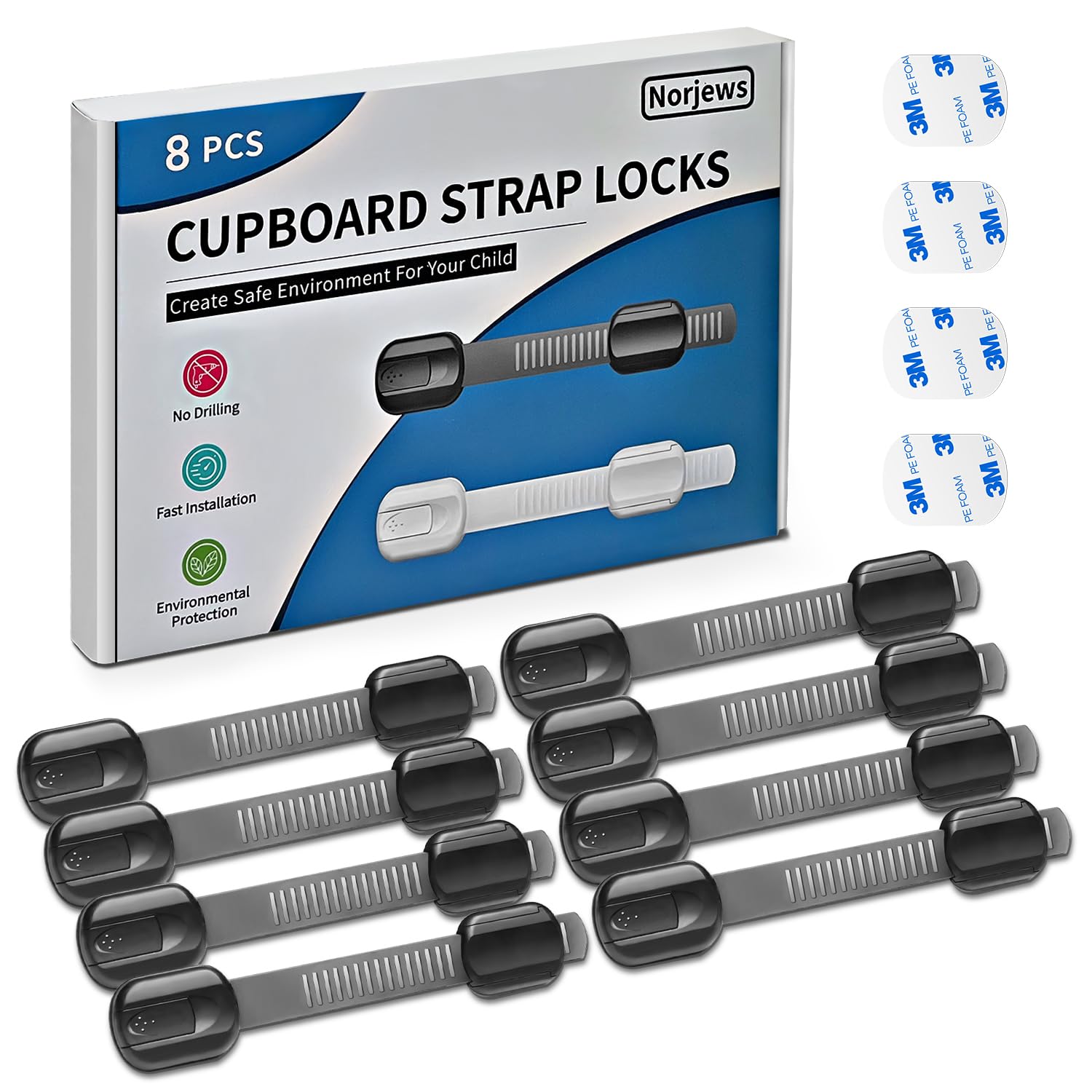 Norjews 8 Pack Cabinet Locks Baby Proofing, Child Safety Cupboard Locks, Child Safety Straps for Cabinets Drawers Toilet Fridge, Adjustable with No Trapped Fingers Easy to Install - Black