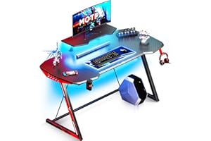MOTPK Gaming Desk with LED Lights, Gaming Table Desk 47 inch Z Shaped, Gamer Desk Ergonomic Sturdy, Kids Computer Desk with Monitor Stand Cup Holder and Headphone Hook, Black, Gift Idea