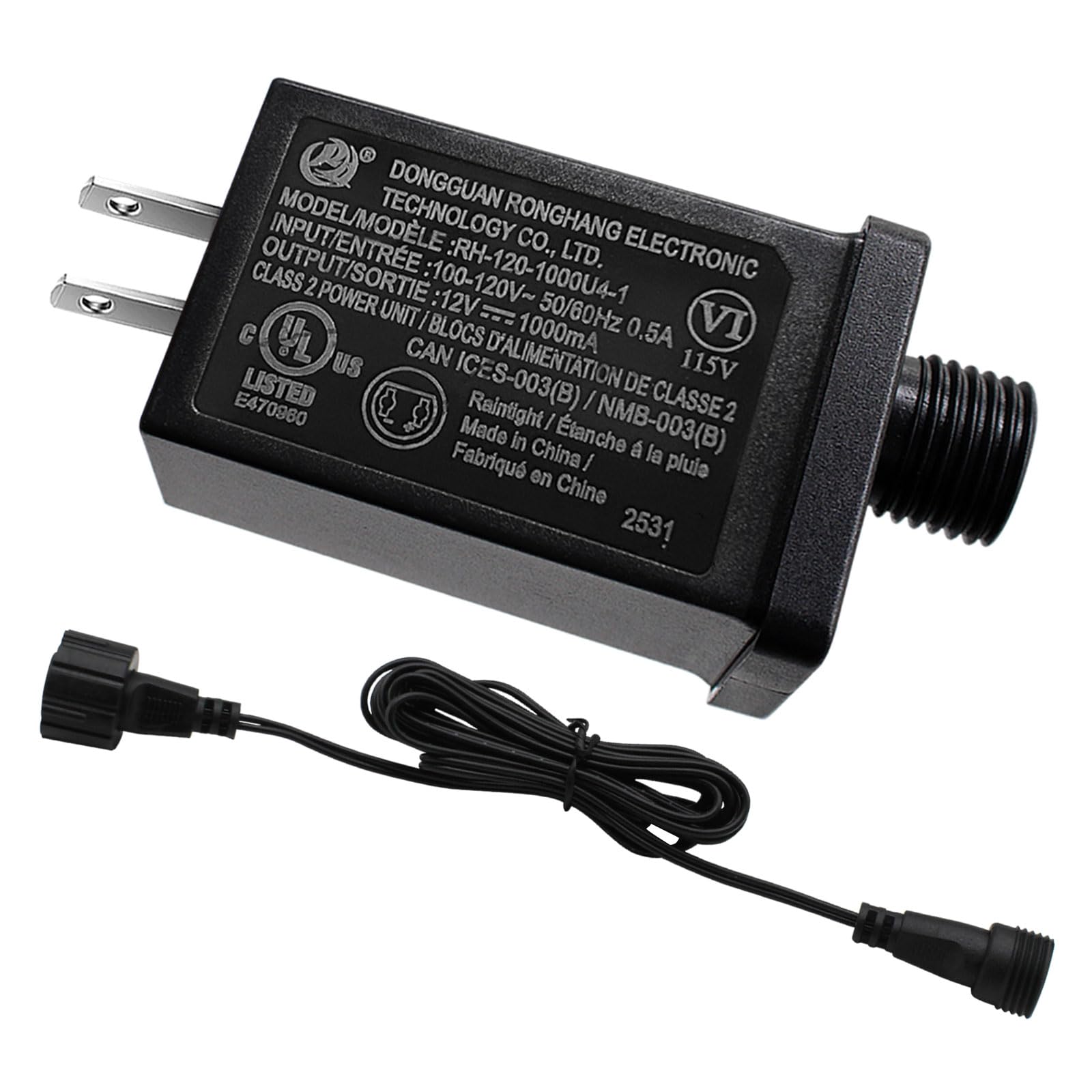 Photo 1 of 12V 12W Low Voltage Transformer with Extension Cord Class 2 Power Supply Replacement Yard Inflatable Adapter Model RH-120V1000U4-1 Waterproof Ip44 US Plug for Christmas String Light Decorations