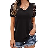 IWOLLENCE Waffle Knit Lace Short Sleeve Blouses V Neck T Shirts Summer Casual Tops for Women