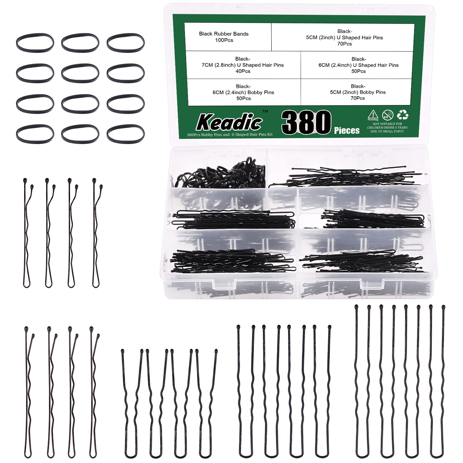 Keadic 381Pcs 3 Sizes Black Hair Bobby Pins Kit with Storage Case, 2” 2.4”2.8”U Shaped Hair Clips Bun Pins Secure Hold and Rubber Hair Bands Bulk for Women Wedding Hairstyles Decorative
