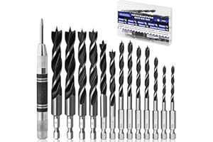 HAKKIN 13PCS Hex Shank Brad Point Wood Drill Bit Set with Center Punch, 3/4/5/6/7/8/10/12mm Twist Wood Working Drill with Double Flutes Design for Woodworking Carpentry Chipboard Plastics Rubber Drilling