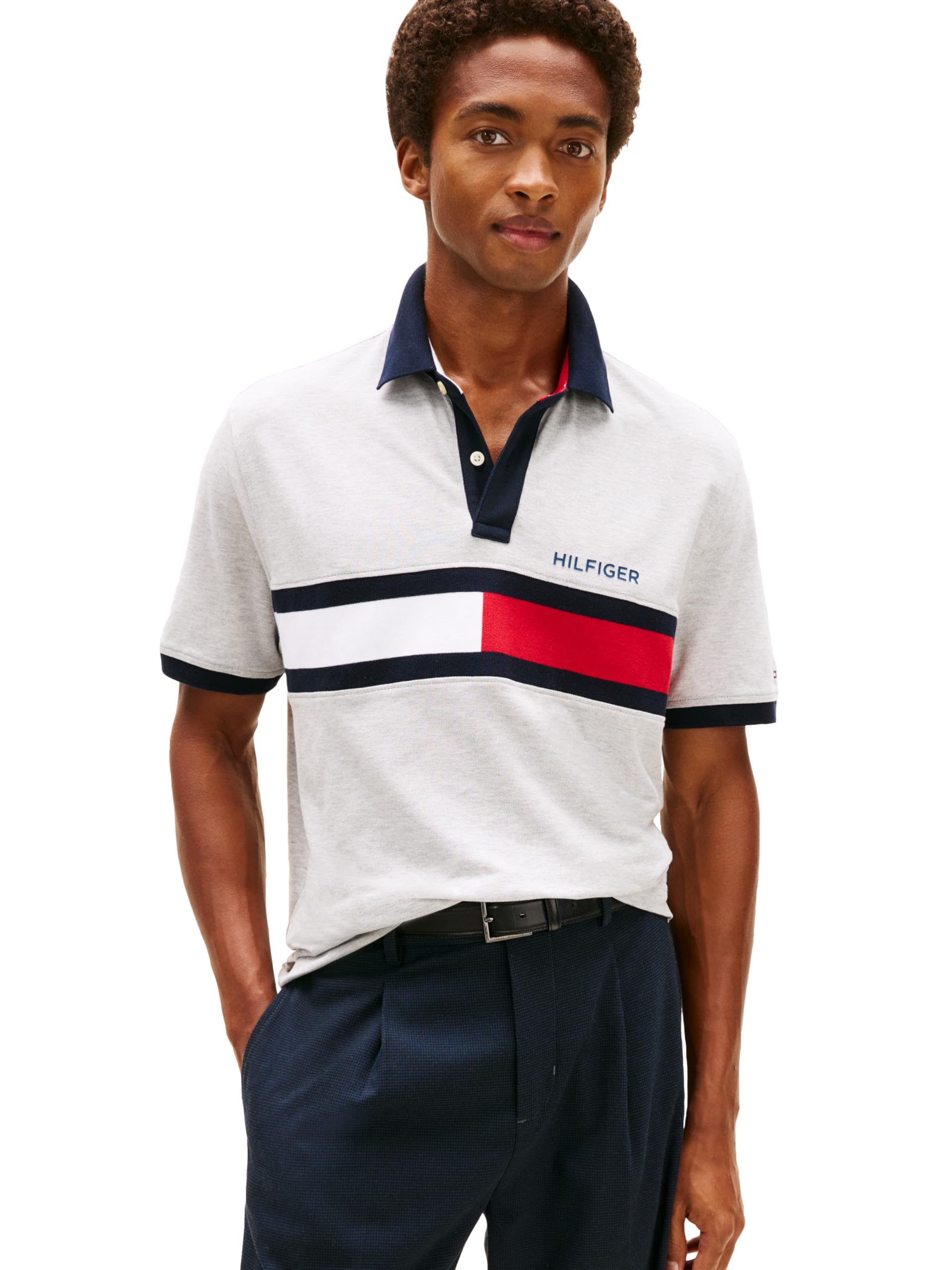 Tommy Hilfiger Men's Short Sleeve Cotton Pique Flag Polo in Regular Fit, Light Grey Heather, X-Small Image