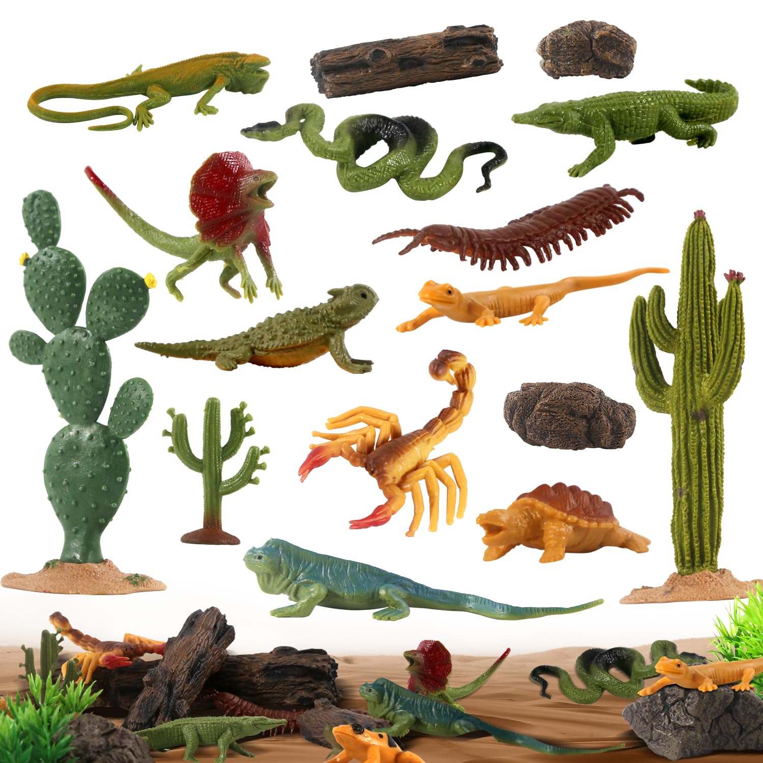 kukifun 32Pcs Desert Reptiles Animals Figures Toys Trees Resin Diorama Lizard Snake Cactus Rock Playset for Kids Toddlers Birthday Cake Decoration Party Favor School Projects — image 1
