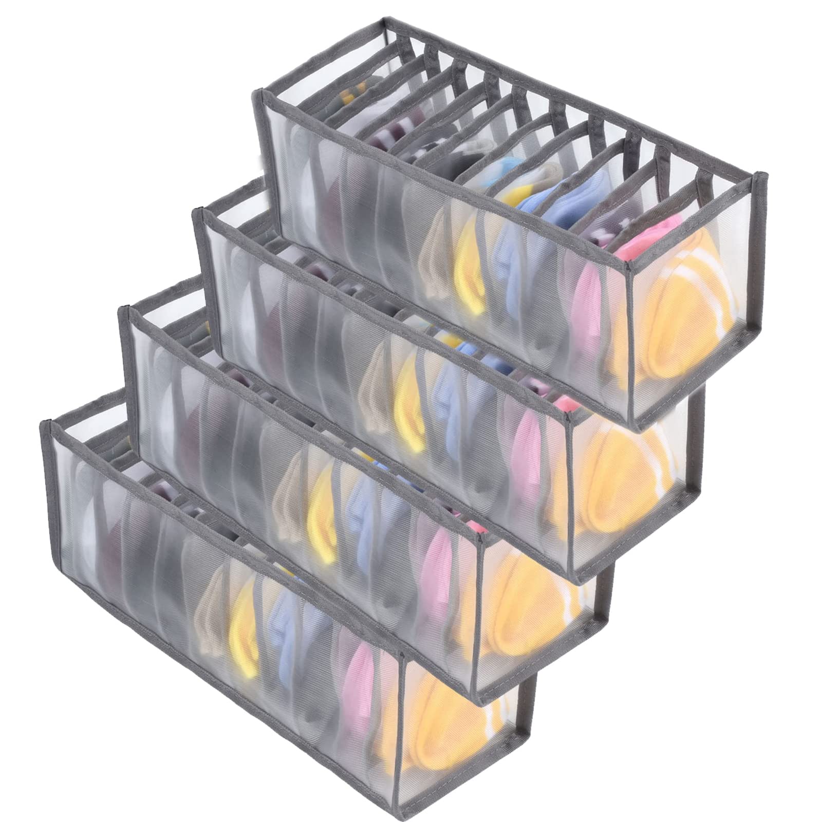 KKNE Underwear Organizer, Drawer Organizers, 4 Foldable Boxes Storage Organizer for Bras, Underwear, Socks, Ties, Scarves and Handkerchiefs-Grey