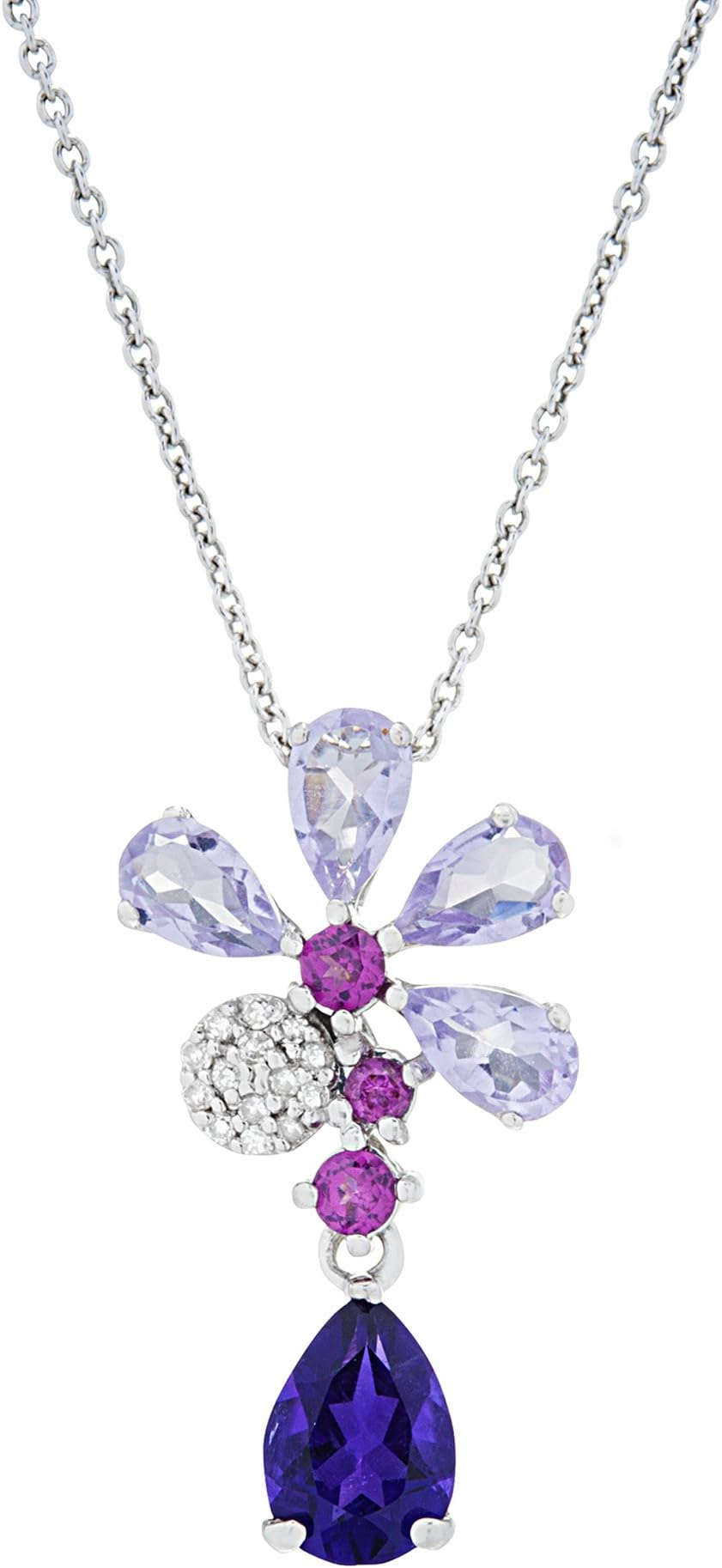 Sterling Silver Amethyst Multi-Gemstone 0.04 ct. t.w. Diamond Flower Pendant Necklace, 18 inches