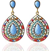 coadipress Handmade Boho Waterdrop Earrings for Women Unique Vintage Bohemian Ethnic Colorful Bead Blue Gemstone Cutout Dangle Drop Statement Earrings Fashion All-match Sculpted Earrings Jewelry Gifts