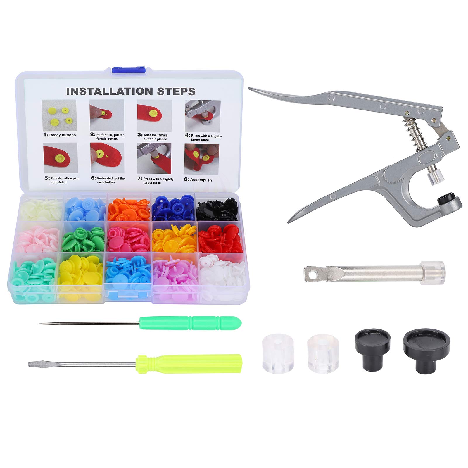 Starter Fasteners KitSnap Plastic Fasteners Punch Poppers Closures No-Sew Buttons, Mixed Color Snaps Buttons + Snap Pliers for Crafts Cloth Diaper Bibs Clothing Accessories