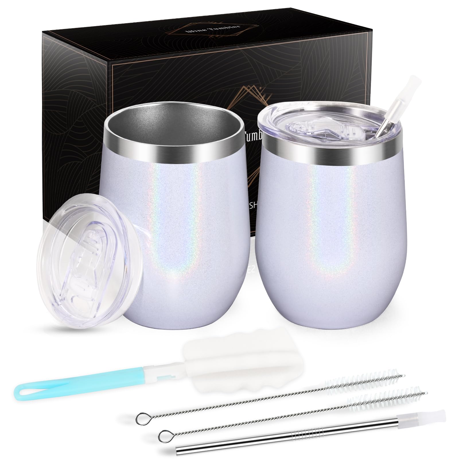 Joymaking 12oz Reusable Coffee Cup, 2 Pack Double Walled -Insulated Travel Mug Vacuum Stainless Steel Wine Tumbler with Spill Proof Lid, Great for Coffee, Tea, Milk and Wine, White Rainbow