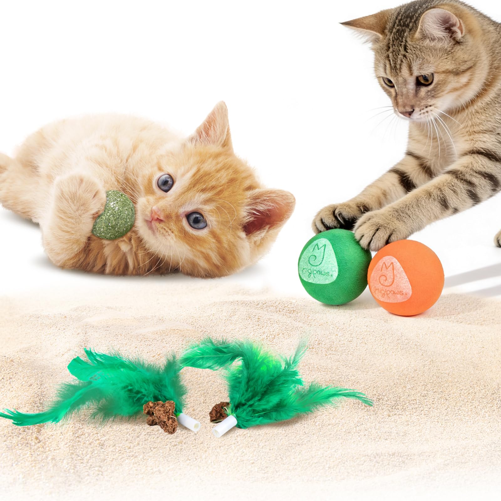 Migipaws Paw Palace Replacements,3 EVA Balls,1 Catnip Ball,2 PalmtreeTeaser Pole Feather Accessories,Cat Ball Toys,Feather Kitten toy