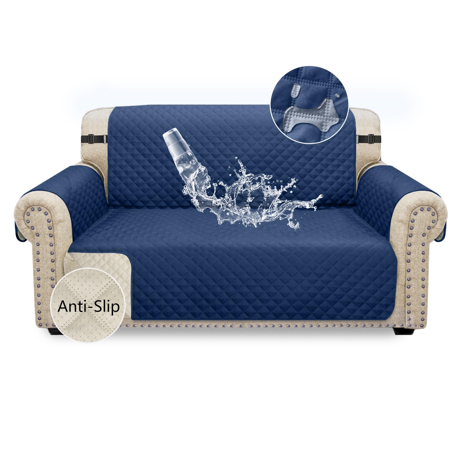 Granbest Waterproof Sofa Cover 2 Seater Non-Slip Loveseat Cover with Elastic Straps, Washable Sofa Protector for Kids, Pets, Dogs, Cats Four Seasons Universal (2 Seater, Navy Blue)