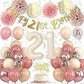 Froova 21st Birthday Decorations for Her Retro Blush Pink Birthday Balloons Happy 21st Banner Cake Topper Pom Poms Dusty Rose Gold Number 21 Balloon for Girl 21 Year Old Bday Party Decoration Supplies