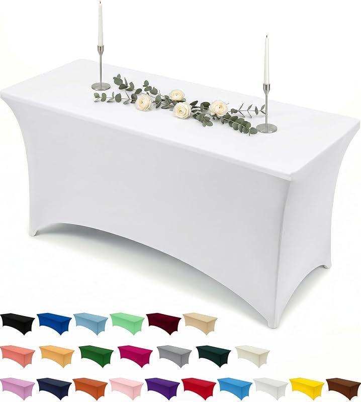 1 Paquete de Manteles Rectangulares de Poliéster (6 pies - 183 cm) Elásticos de Spandex, Cubre Mesas para Bodas, Bares, Artesanías, Exposiciones (Blanco)