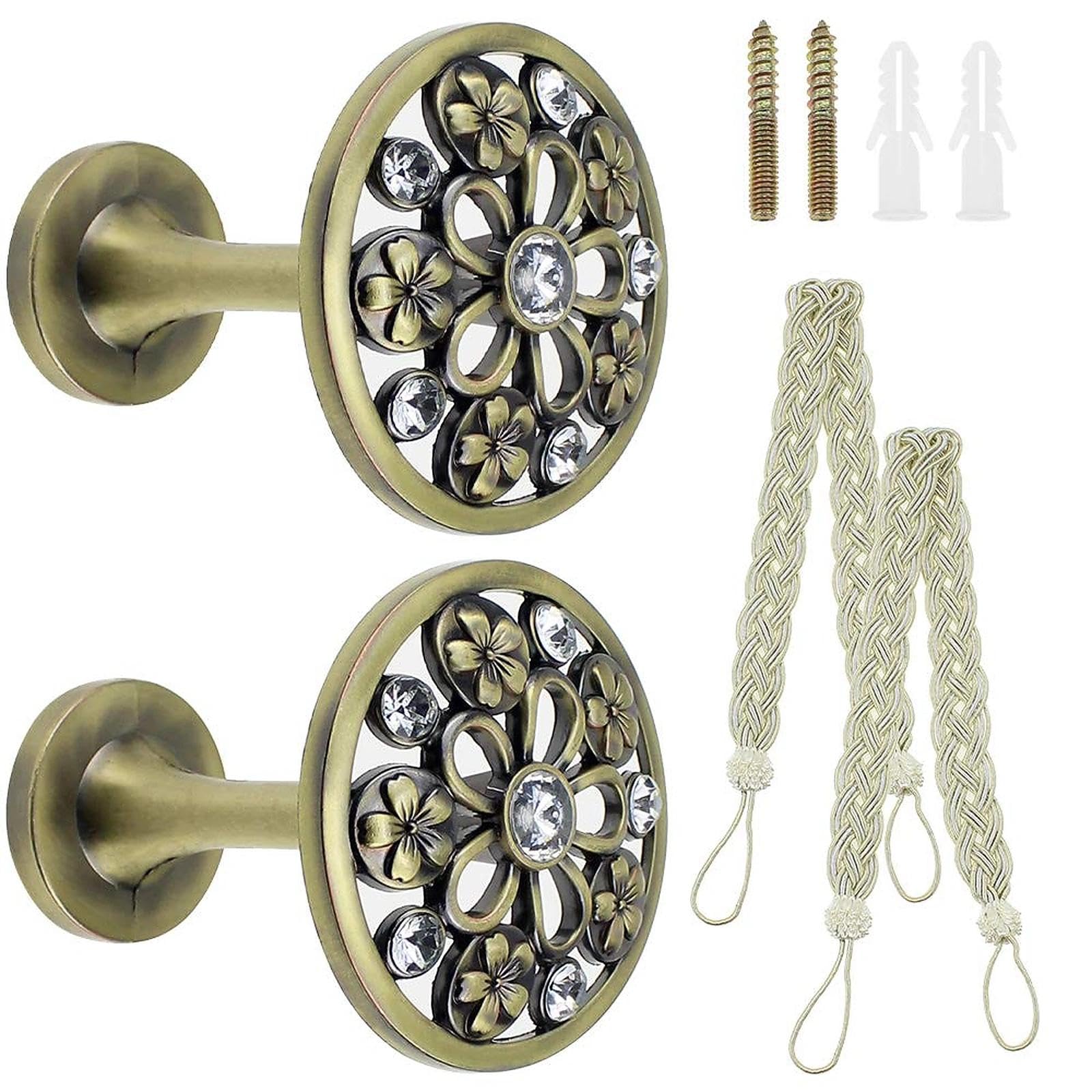 UBERMing Curtain Holdbacks 2 Pcs Vintage Retro Wall Mounted Metal Hangers Draperies Curtain Tiebacks Hook with Woven Curtain Ties for Home Living Room Bathroom Closet - Zinc Alloy