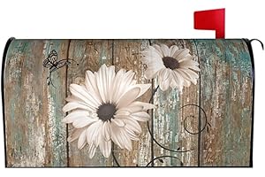 Evlaschin Rustic Daisy Board Mailbox Cover Magnetic, White Sunflowers Vintage Wood Grain Plank Mailbox Wrap Letter Post Box Cover for Yard Garden Outside Home Decor, Standard Size 21x18 Inch