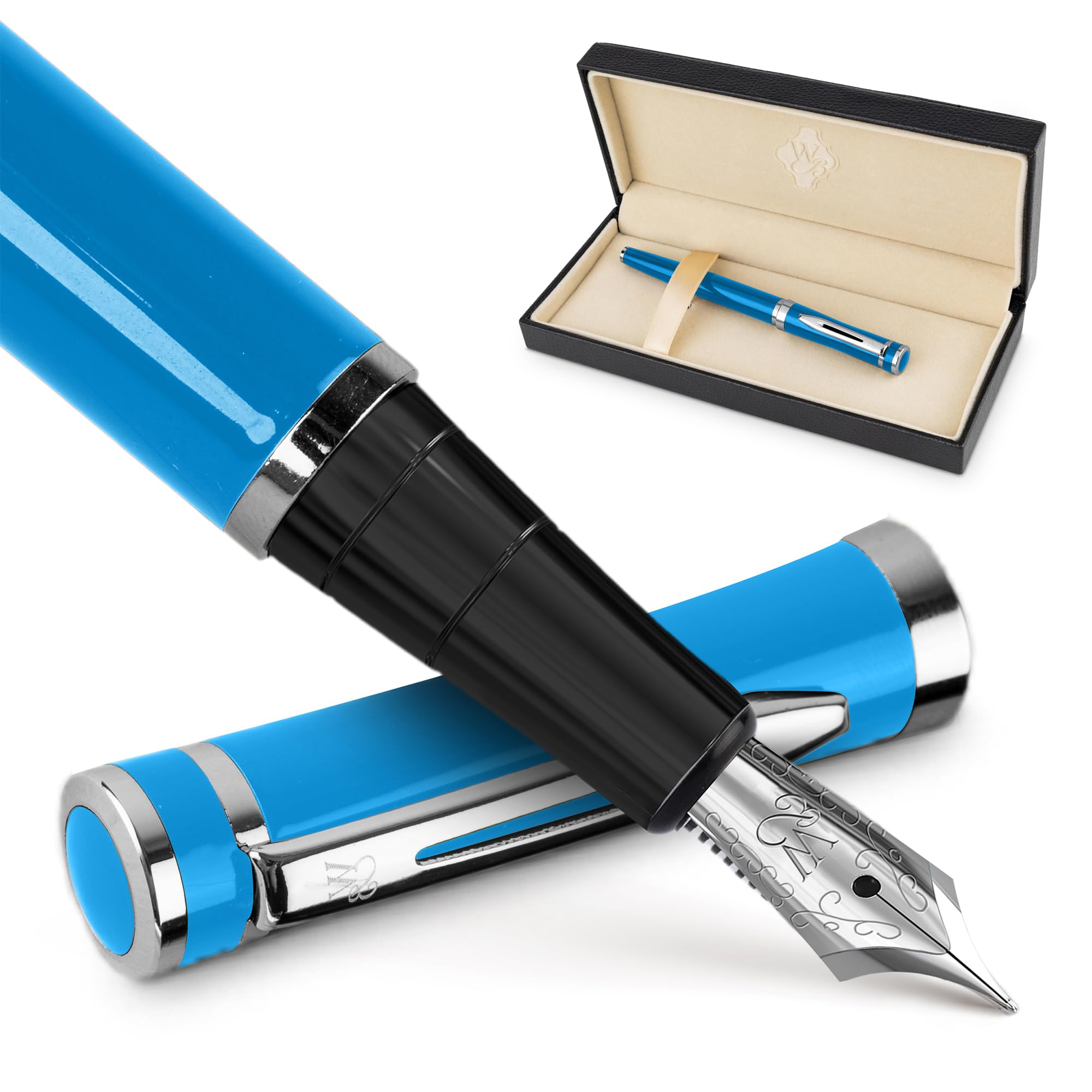 Wordsworth & Black Fountain Pen Set, Medium Nib, with 6 Ink Cartridges and Ink Refill Converter, Gift Box, Journal, Calligraphy, Smooth Writing Pens [Sky Blue], for