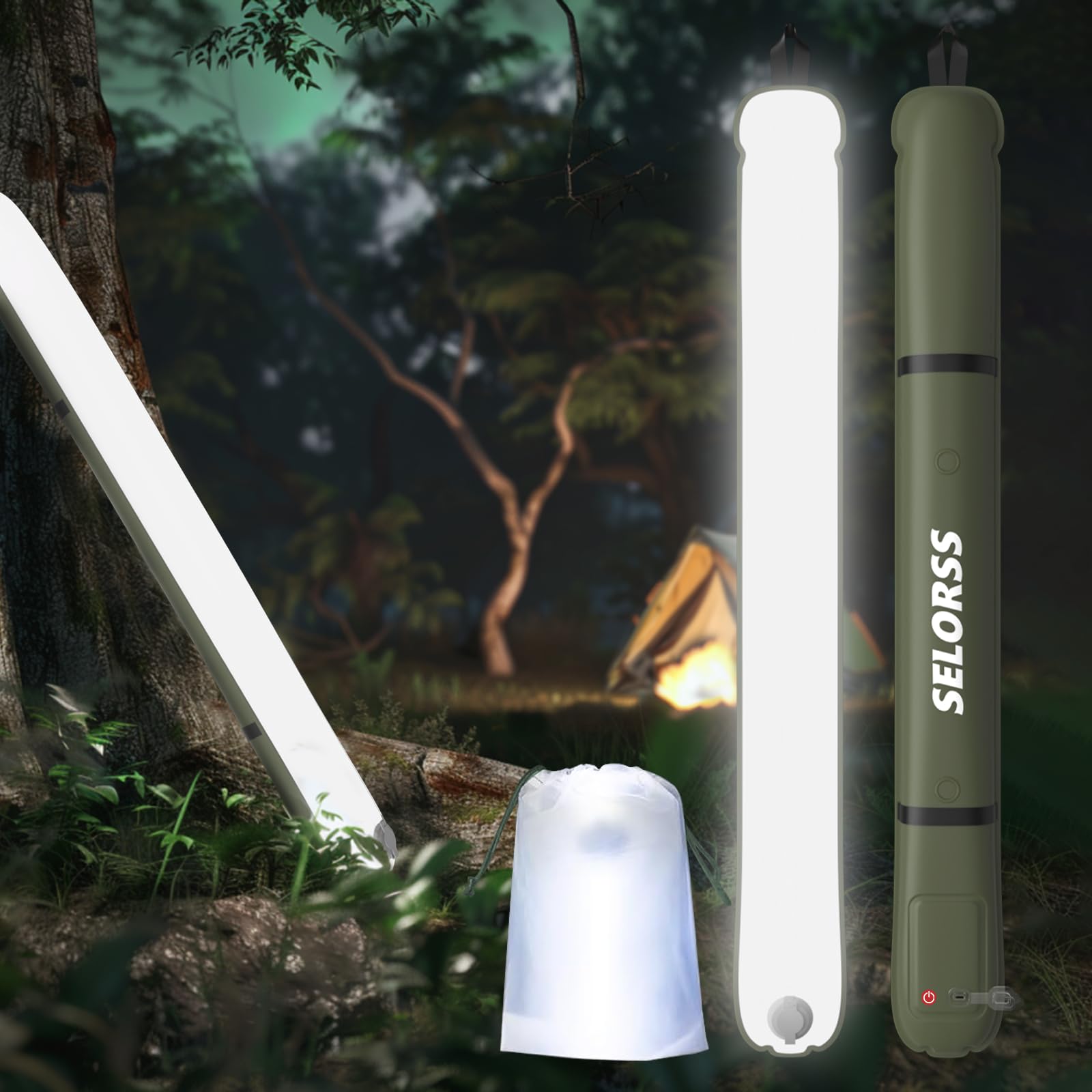 SELORSS Inflatable Camping Lights 33.86IN/86CM Foldable Outask Telescopic Lamp, Portable Outdoor 2000mAh LED Light IP66 Waterproof with Dimmable Bright for Camping, Hiking, Travel, Festival - Green