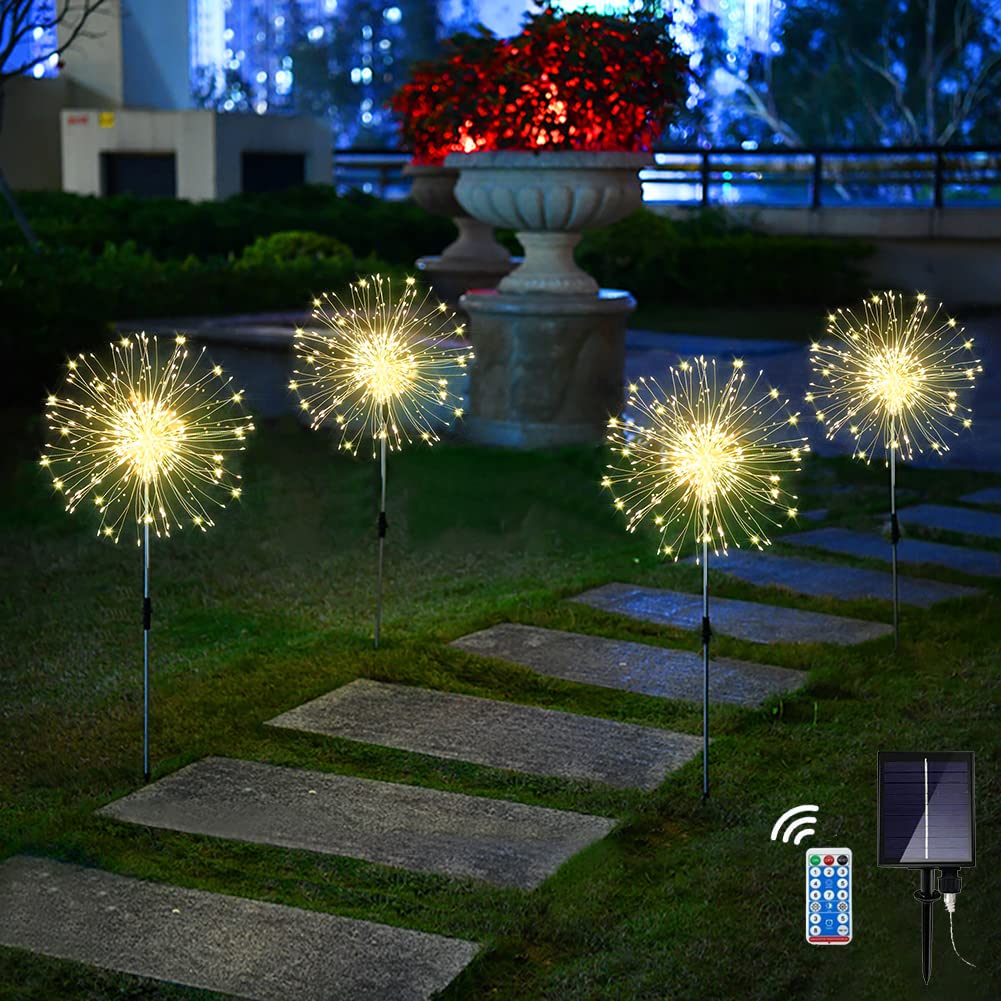 Redefun Solar Light Outdoor Garden 4 x 120 LED Garden Lights Solar Powered, 8 Modes Firework Lights with Remote, Waterproof Starburst Light for Lawn Party Patio Wedding Decor (Warm White)