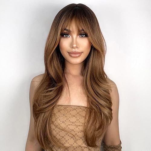 N NAYASA Light Brown Wigs for Women Brown Wig with Bangs 24''Ombre