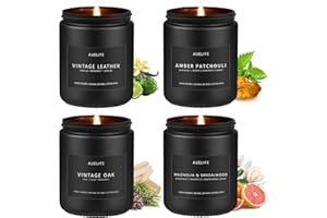 Auelife Candles for Men Scented Candles, Scented Candles Set Soy Candles for Home Him, 4 Pack Mens Candles Gifts for Men Scents of Leather/Oak/Magnolia & Sandalwood/Amber Patchouli