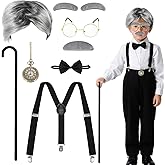 Grandpa Costume for Kids 100 Days of School Costume Funny Aging Cosplay Outfit Accessories Set-Include Glasses, Wig, Cane, Bow Tie, Suspenders, Eyebrows & Mustache Pocket watch Halloween Old Men