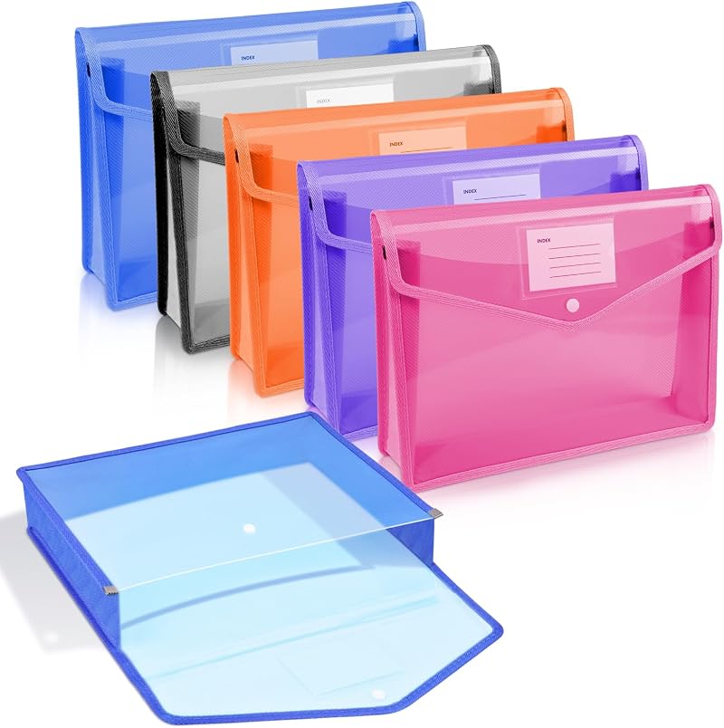 Vicloon A4 Plastic Wallets 5pcs Translucent Folders with Snap Closure