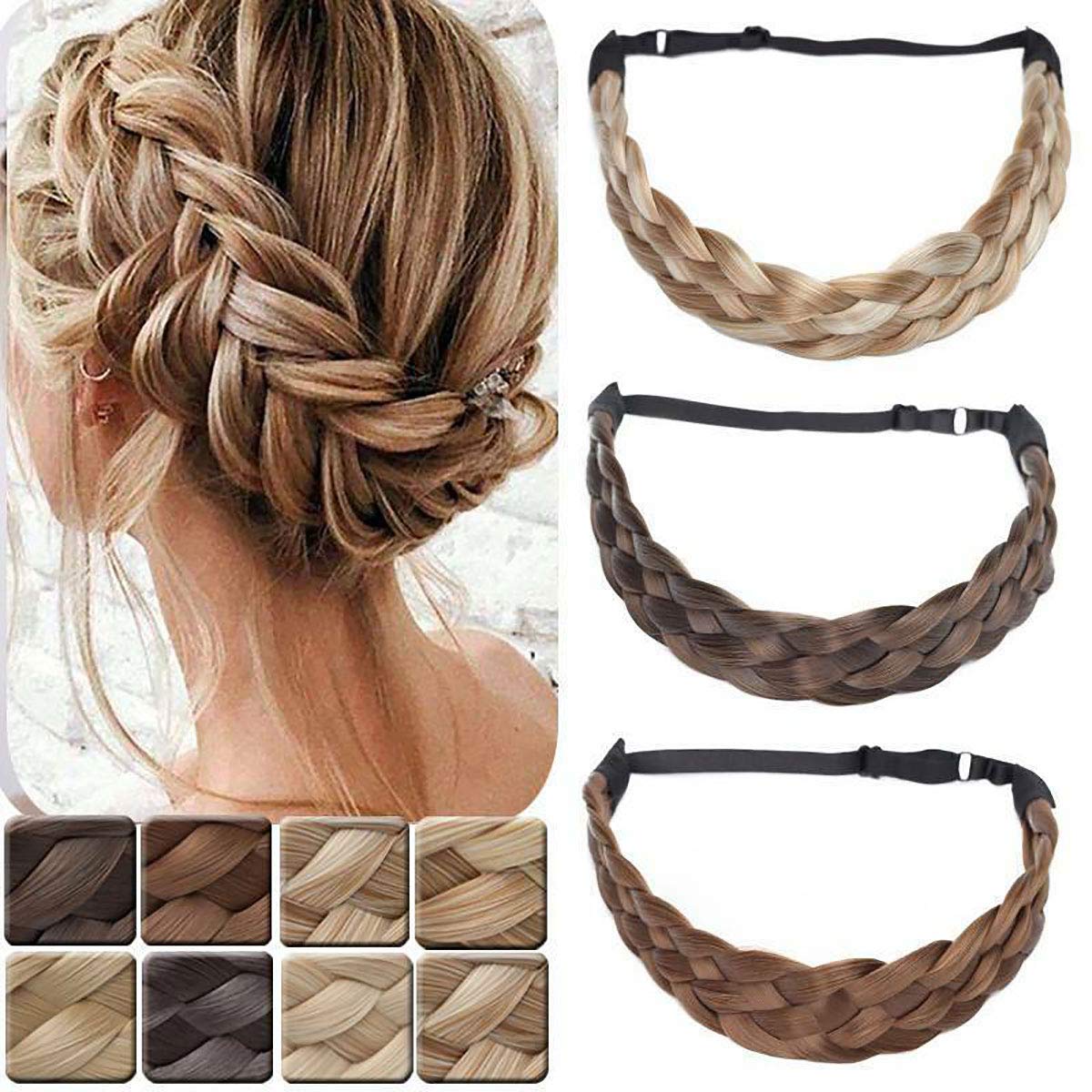 Braided Hair Extensions Headband Braid Hairband Elastic Stretch Wide Chunky Plaited Hairband Costume Hairpiece For Women Girls Small Size 3 Strands - Light Brown