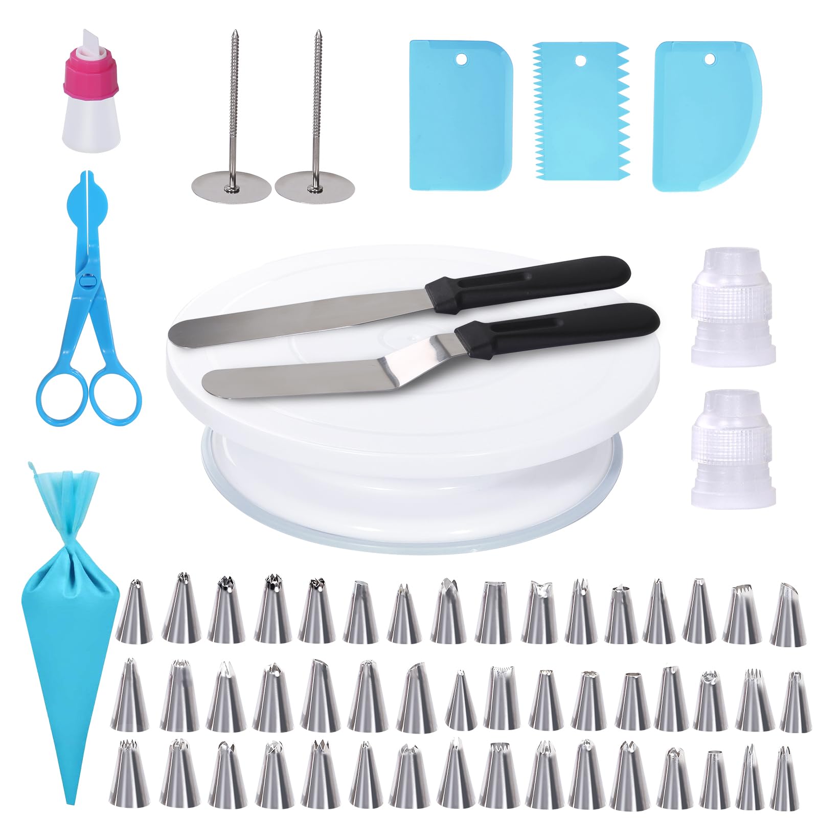 Cake Turntable 10.8 Inch, Uten Rotating Cake Stand with Non Slip Pad, 60pcs Cake Decorating Supplies Set, Straight & Offset Spatula, Cream Scraper etc. Baking Tools & Accessories