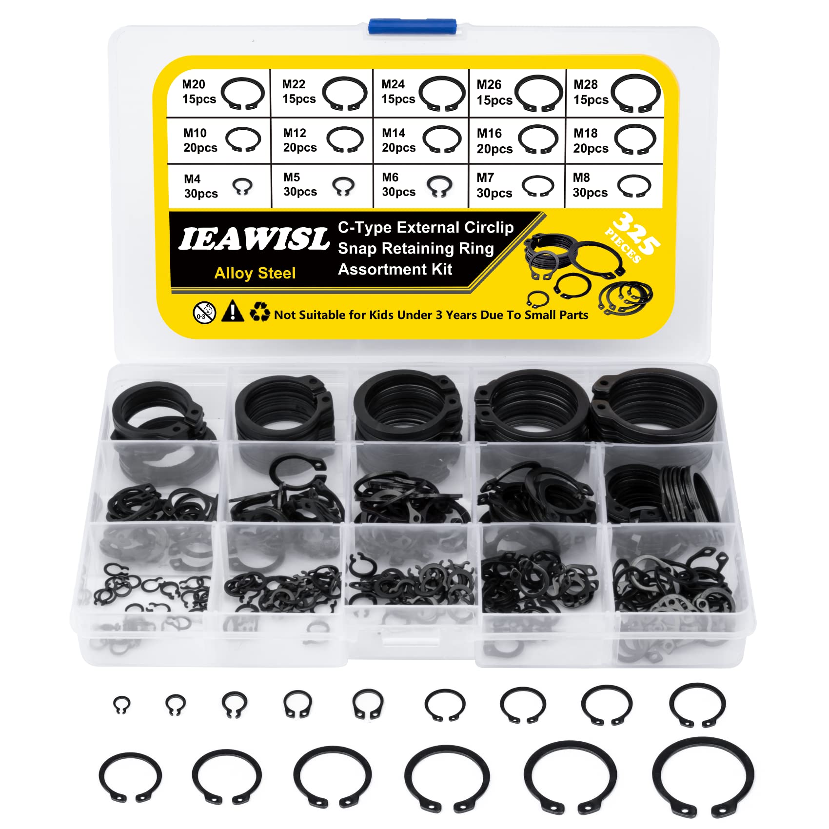 325Pcs C-Clips Snap Ring Set 15 Sizes Circlip Retaining Rings Assortment Alloy Steel M4-M28 Clips for Axles