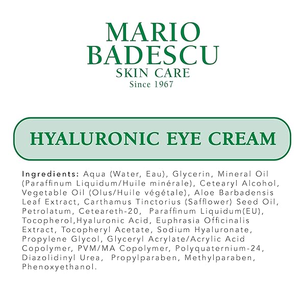 MARIO BADESCU HYALURONIC EYE CREAM ANTI AGING FOR ALL SKIN TYPES, UNDER EYE CREAM FOR DARK CIRCLES AND PUFFINESS, FORMULATED WITH HYALURONIC ACID & GLYCERIN, 0.5 OUNCE