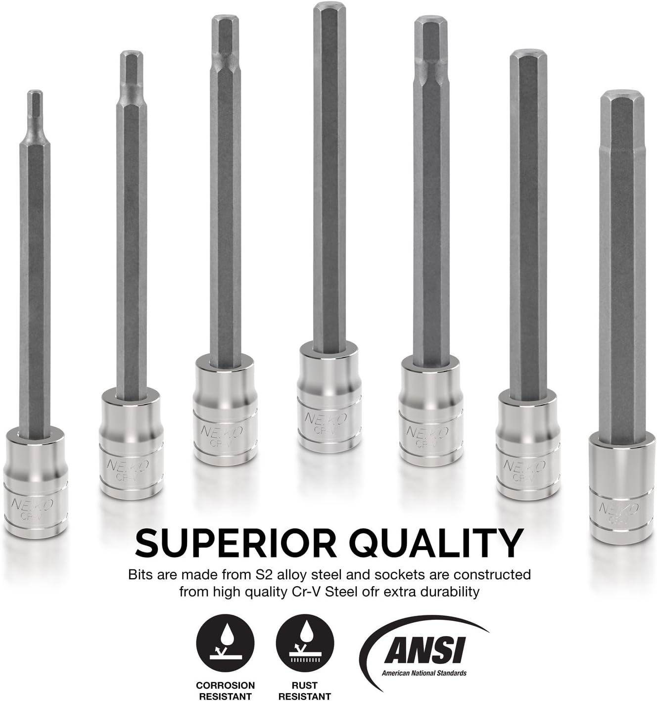 Neiko 10076A 3/8” Drive Extra Long Allen Hex Bit Socket Set, Metric, 3mm to 10mm | 7-Piece Set, S2 and Cr-V Steel - Allen Socket Set - 