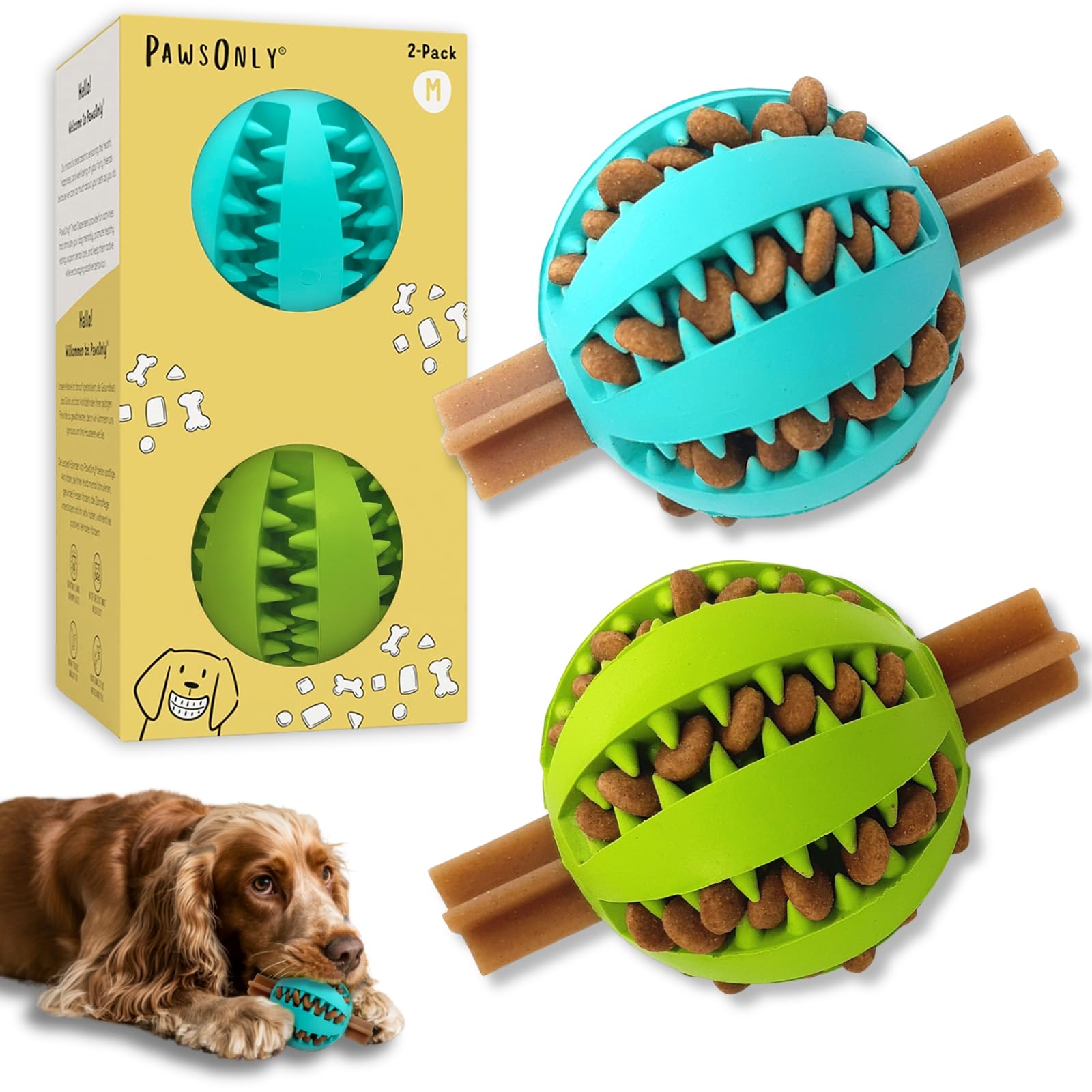 PawsOnly | Dog Treat Ball Dispenser | Interactive Toy for Boredom | Enrichment & Mental Stimulation | Safe Rubber Feeder | Puppy Challenging Activity (Medium 7cm/2.75in, BLUE + GREEN, 2 Pack)