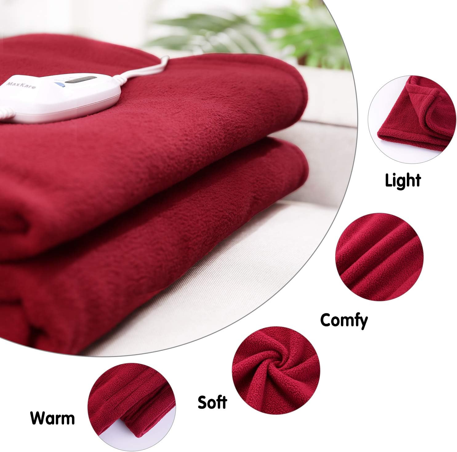 Electric Heated Blanket Polar Fleece Full Size 77'' x 84'' Extra-Warm Lightweight Cozy Luxury Bed Blanket Machine Washable with 4 Heating Levels Auto-Off Machine Washable - Red Wine: Kitchen & Dining