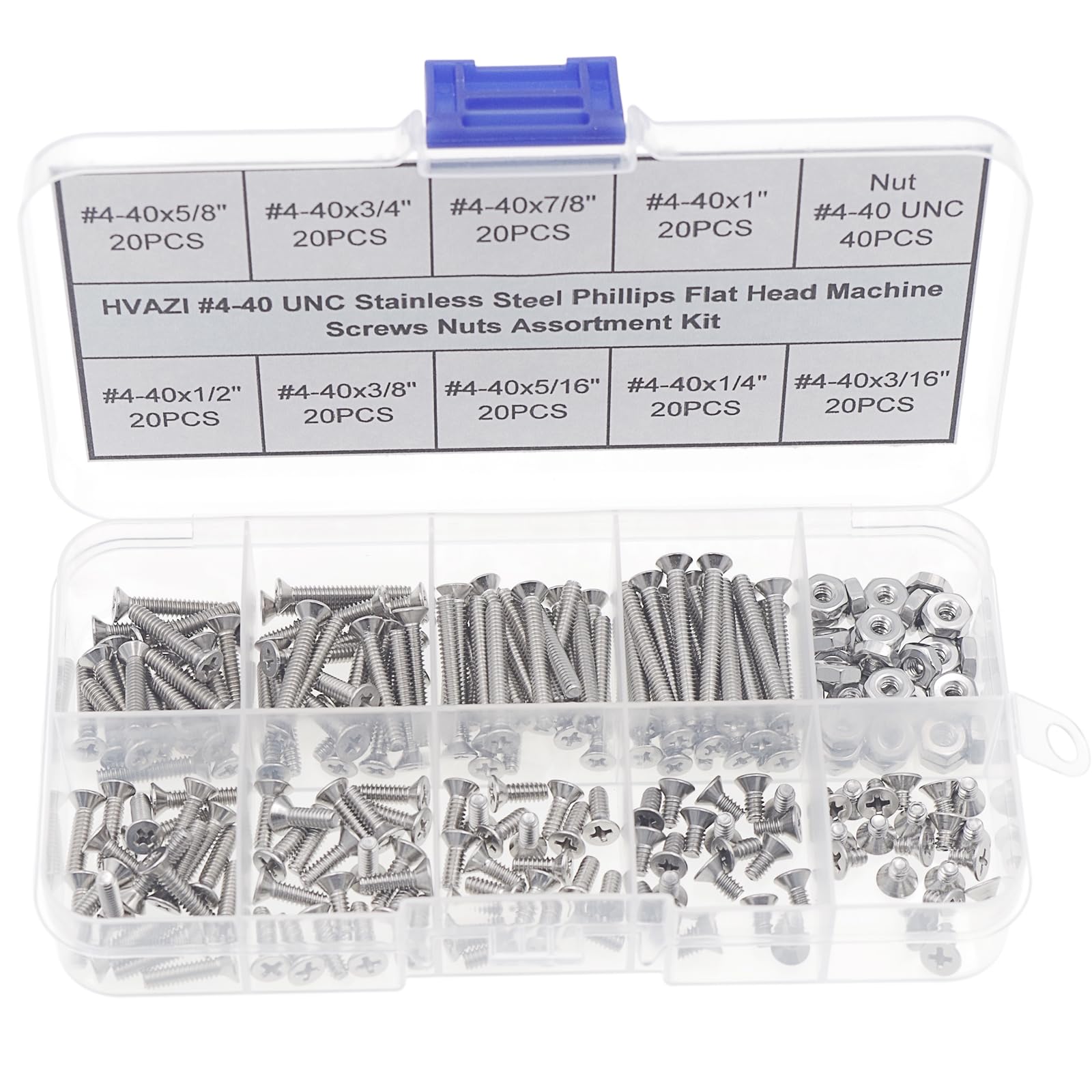 HVAZI #4-40 UNC Stainless Steel Phillips Flat Head Machine Screws Nuts Assortment Kit