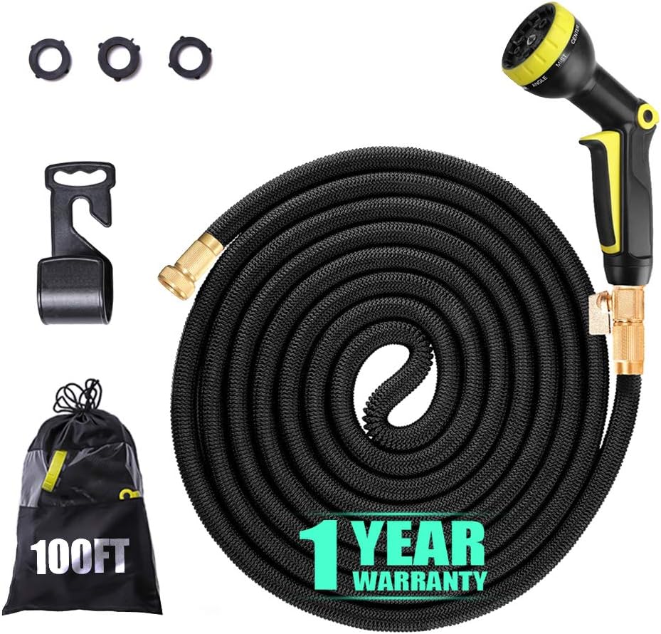 Foodmean Expandable Garden Hose 100ft, Flexible Expanding Hose with 9 Multifunctional Nozzle, Strongest Retractable Water Hose with Double Layer Latex.