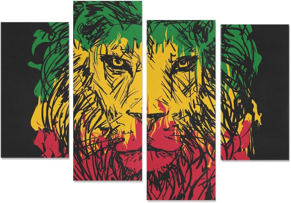 XINGCHENSS 4 Pieces On Canvas Wall Art Rasta Theme Lion Head On Black Canvas Printing No Frame Living Room Office Hotel Home Decor Gift