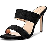 NobleOnly Womens Round Open Toe Heeled Sandals Two Strap Stiletto High Heel Sandals Backless Dress Slip-on Mules Sandals 3.9 Inches Heels