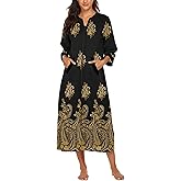 Ekouaer Women Zipper Robe 3/4 Sleeves Loungewear Dress Full Length Sleepwear Pockets Housecoat Nightgown Long Bathrobe