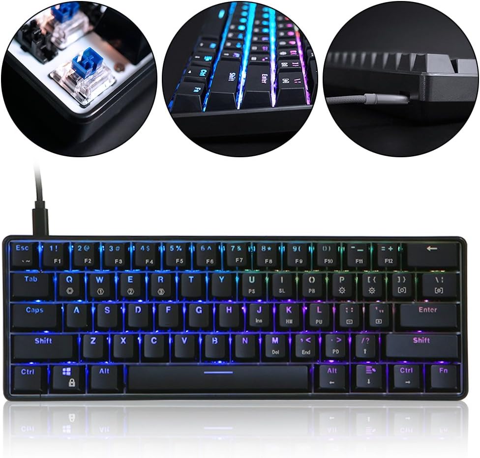 Autone GK61 61 Key USB Wired LED Backlit Gaming Mechanical Keyboard For Desktop, Waterpoof Green axis