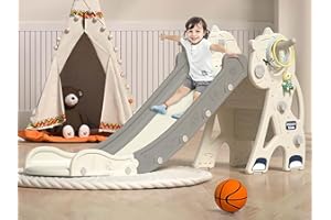 Sephyroth Toddler Slide for Toddler Age 1-3 Indoor Plastic Slide Outdoor Playground Climber Slide Playset with Basketball Hoop & Ring Game (Unicorn White)