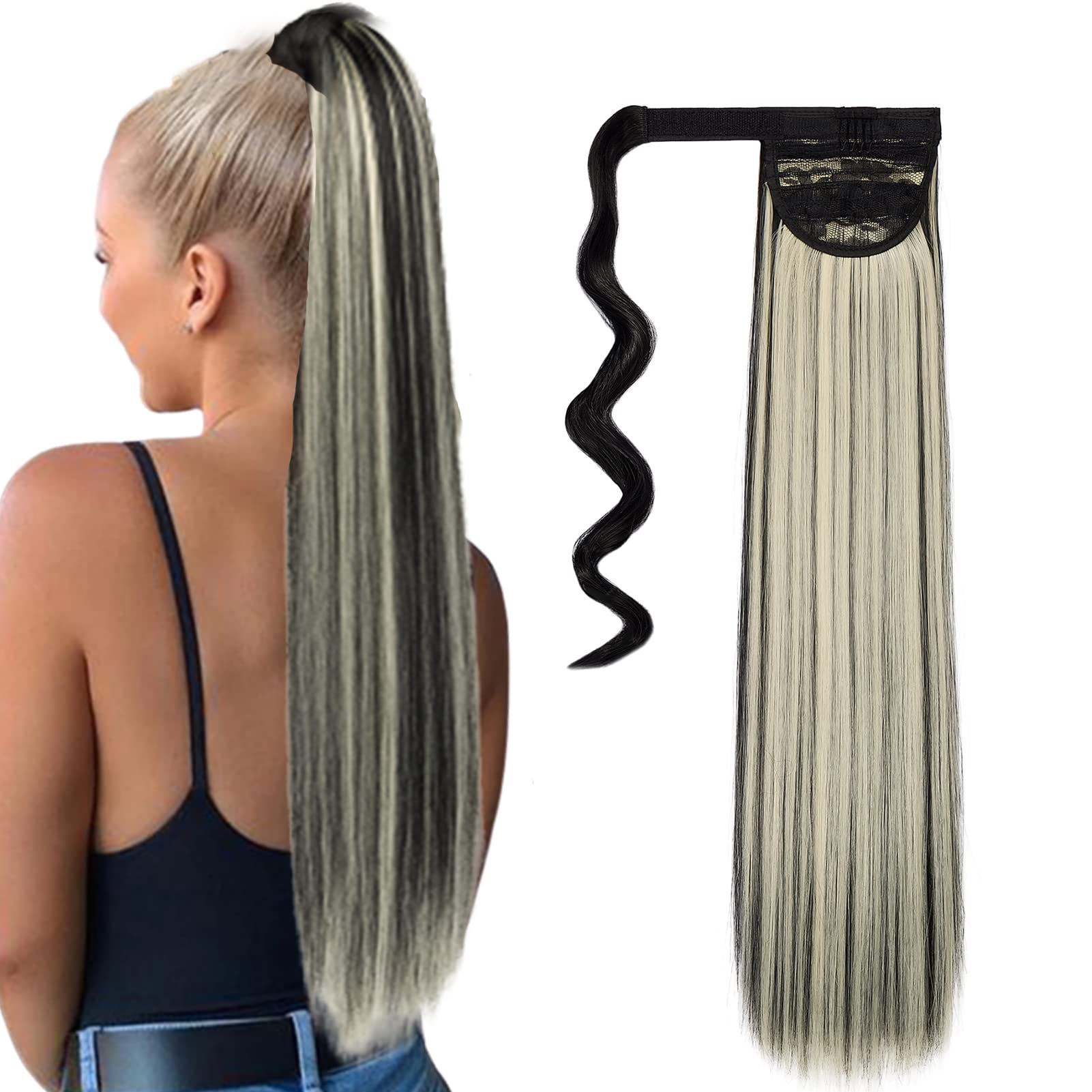 Cybelleza Ponytail Hair Extension Straight Wrap Around Pony Tail Clip in Hair Extensions Hairpiece Synthetic Long for Women (Black&Bleach Blonde)