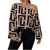SOLY HUX Women's Plus Size Geometric Print Blouse Cold Shoulder Bishop Long Sleeve Asymmetrical Neck Tops