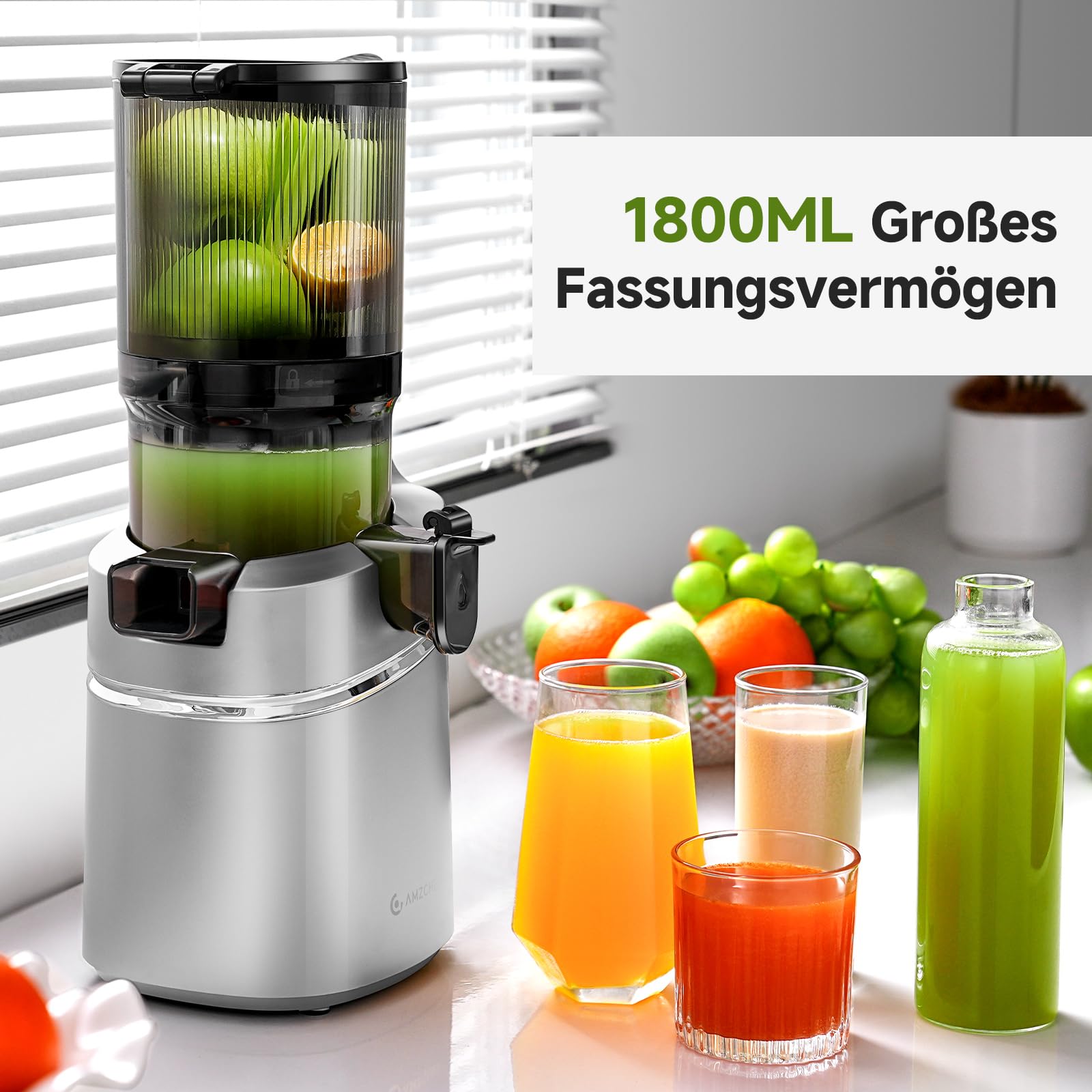 AMZCHEF 250W Automatischer All-In-One Entsafter, 145MM Öffnung und 1,8L entsafter für Gemüse und Obst, Kaltpresse Slow Juicer Testsieger mit Dreifachem Filter - Silber 3